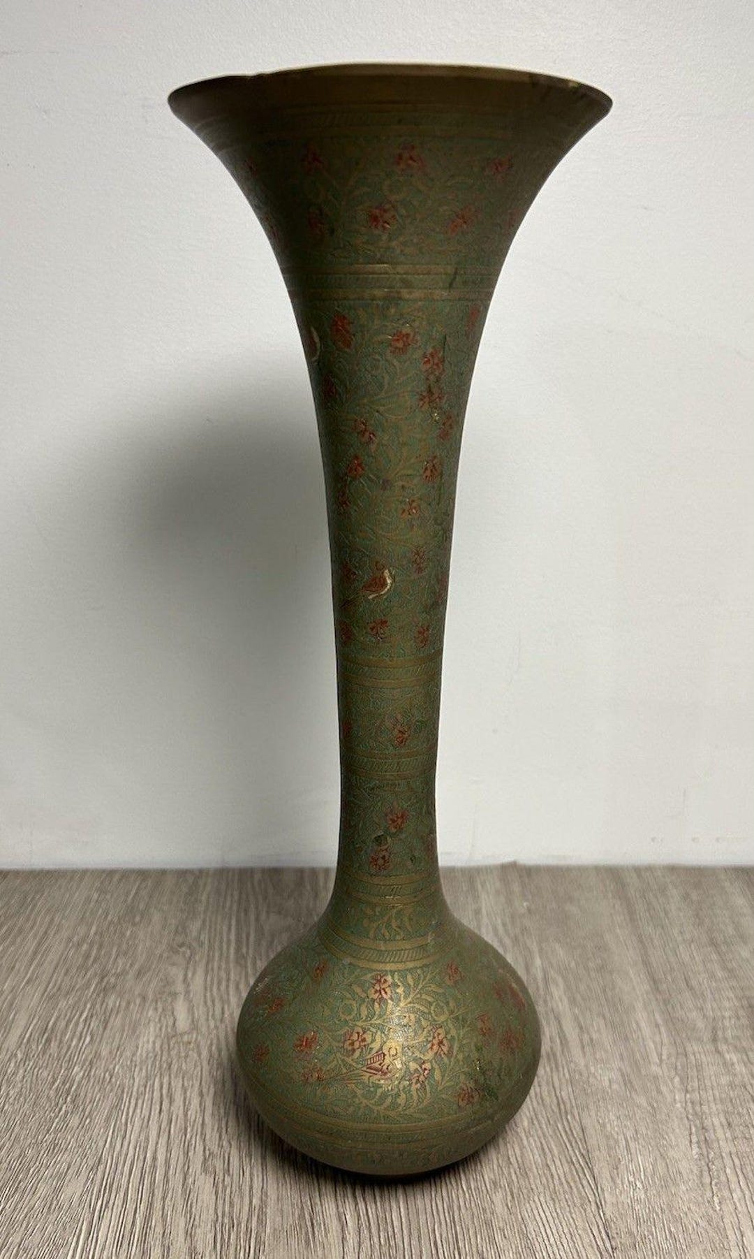 Vintage Ornate Brass Vase Etched and Painted Floral Flowers  Vintage Ornate Brass Vase Etched And Painted Floral Flowers And Birds 12” Tall main image 0