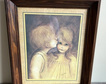 Margaret Kane "A Little Kiss" Big Eyes Girl & Llittle Boy Signed Framed Print