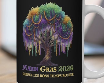 Mardi gras bead tree 15 oz mug, Let the good times roll ceramic cup for Dad, Colorful gift for Mardi Gras fun for Mimi, Mardi Gras 2024