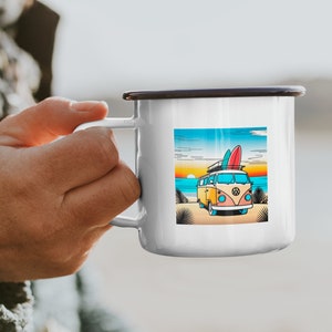 Campervan with Surfboard - Enamel Camping Mug