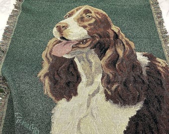 Linda Picken Vintage Y2k Dog Tapestry Throw Blanket Springer Spaniel Green Brown