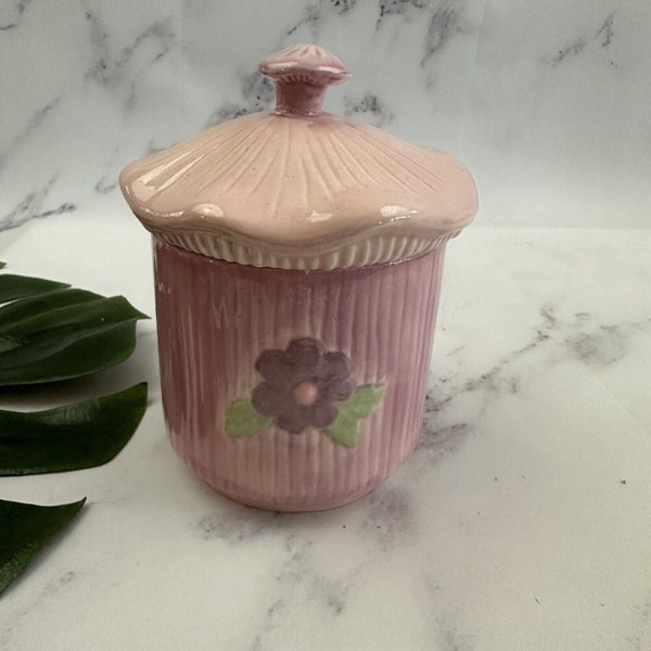 Vintage Hand Painted Ceramic Jar Pink Purple Mushroom Butterfly Pastel Floral