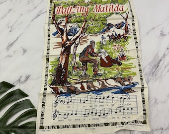 Paño de cocina de lino vintage de los años 70, Waltzing Matilda, recuerdo de Australia, nuevo, verde, música