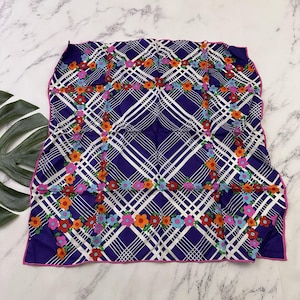 Womens Vintage 70s Floral Silk Scarf Purple Pink Plaid Large Sweet Mod