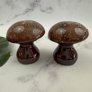 Vintage Mid Century Ceramic Mushroom Shaped Salt Pepper Shaker Set Brown 70s