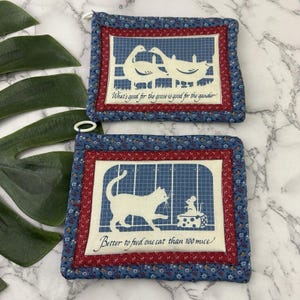 Vintage 80s Pot Holders Blue Red Floral Country Goose Cat Mouse Cottage Sayings