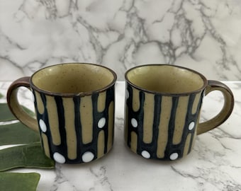 Vintage 80s Stoneware Coffee Mug Set of 2 Tan Blue Geometric Dots Cups Japan