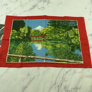 Vintage Mid Century New Zealand Souvenir Tea Towel Linen Red Mountain Park