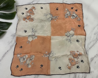 Vintage 50s Silk Handkerchief Scarf Poodle Dogs Pink White Small Square
