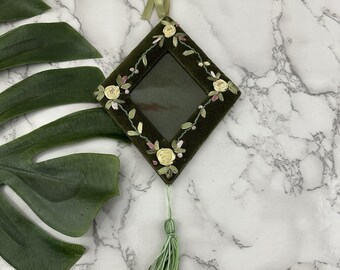 Vintage Y2k Velvet Picture Frame Green Yellow Ribbon Floral Tassel Cottage