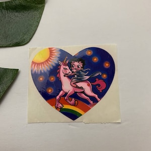 Lisa Frank Vintage Betty Boop Sticker 80s Heart Shaped Unicorn Rainbow