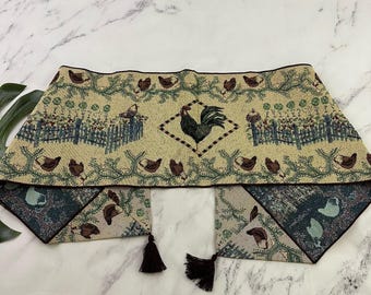 Vintage 90s Tapestry Table Runner Cream Blue Chickens Rooster Farmhouse Country