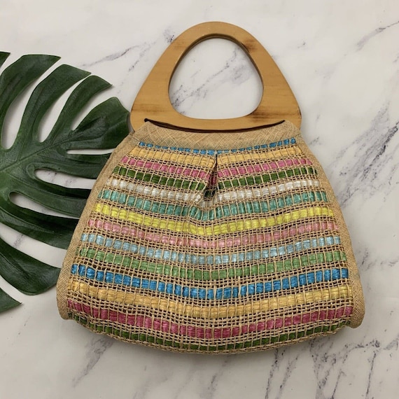 Vintage Rainbow Stripe Raffia Woven Wood Handle H… - image 2