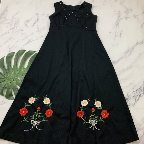 Womens Vintage Embroidered Maxi Dress Size L Blac… - image 1