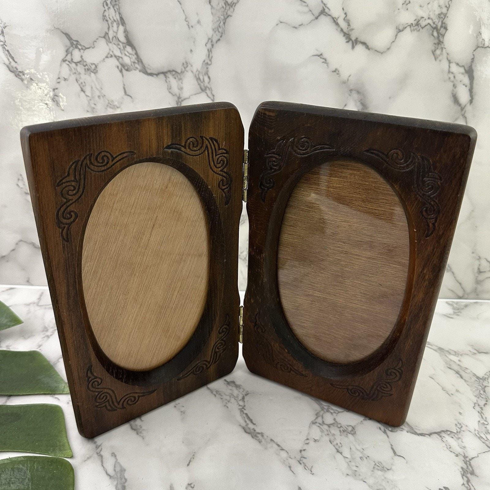 Vintage 80s Folding Picture Frame Dark Wood Oval Opening Etched