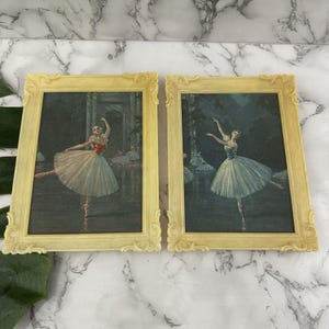 Vintage 60s Ballerina Art Prints Pair Cream Filigree Frames Girly Decor 8x6 in