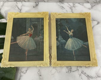 Vintage 60s Ballerina Art Prints Pair Cream Filigree Frames Girly Decor 8x6 in