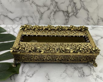Vintage 60s Brass Tissue Box Cover Gold Roses Filigree Glam Regency Hollywood