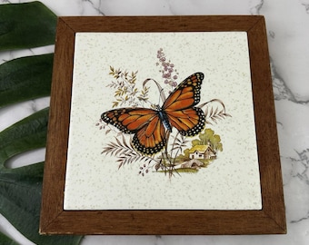 Vintage 80s Butterfly Trivet Cream Brown Ceramic Tile Cottagecore Wood Frame
