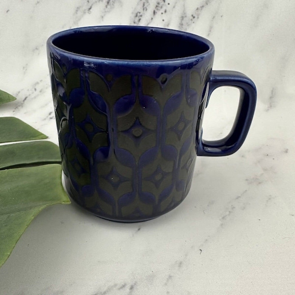 Hornsea England Vintage Coffee Mug Dark Blue Black Geometic Floral 1974 Small