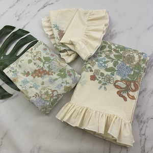 Martex Vintage 80s Queen Size Sheet Set Cream Blue Floral Ruffles Fitted Flat