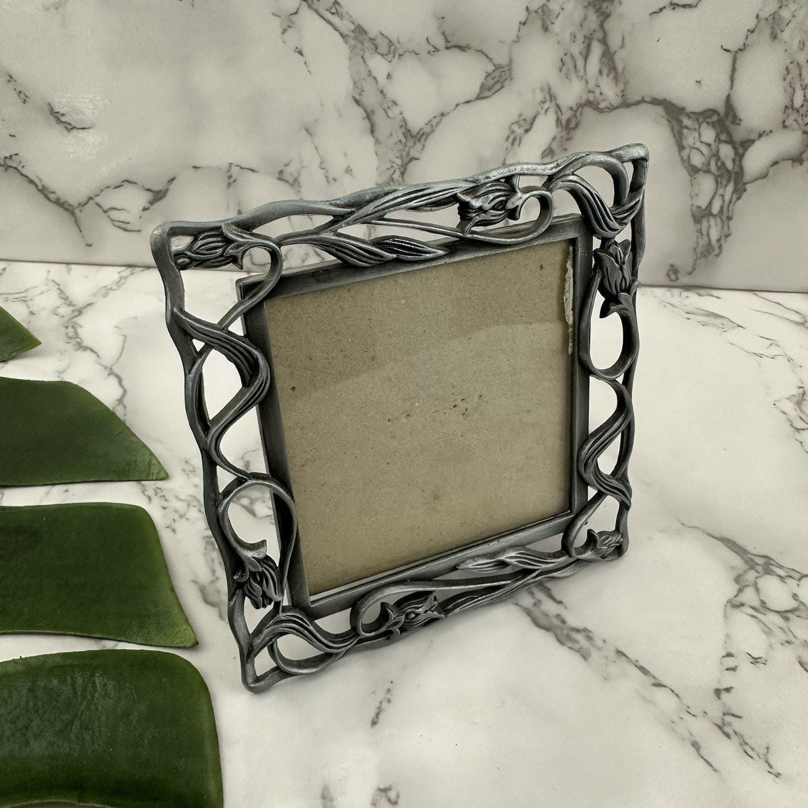 Vintage Y2k Silver Tone Floral Metal Picture Frame Square Mini