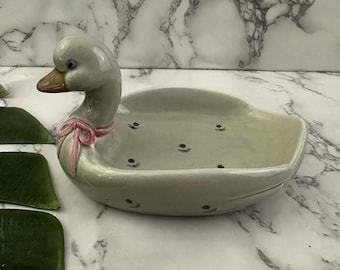 Otagiri Vintage Duck Soap Dish Gray Pink Floral Bow Bird Ceramic Cottage Trinket
