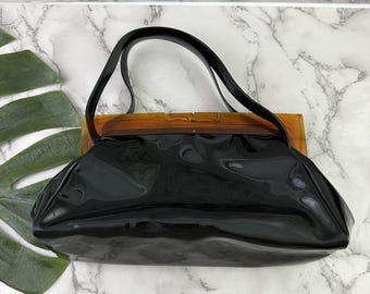 Park Lane Vintage 60s Kiss Lock Frame Purse Bag Black Patent Vinyl Top Handle