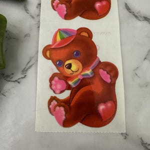 Vintage 80s Lisa Frank Teddy Bear Rainbow Bow Tie Hearts Stickers Lot of 2 image 2