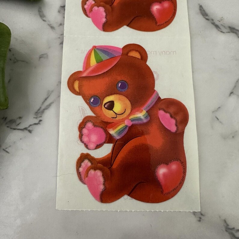 Vintage 80s Lisa Frank Teddy Bear Rainbow Bow Tie Hearts Stickers Lot of 2 image 2