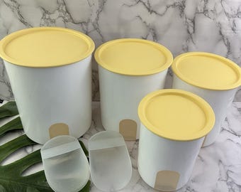 Tupperware Vintage One Touch Canister Set of 4 White Yellow Nesting Kitchen