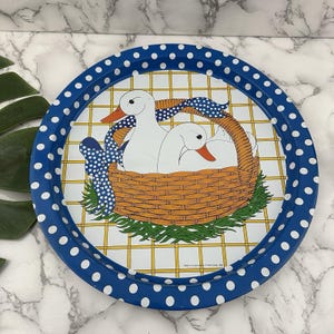 Vintage 80s Goose Ducks Birds Tin Metal Round Tray Blue White Polka Dot Kitchen