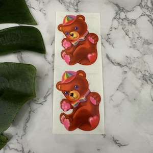 Vintage 80s Lisa Frank Teddy Bear Rainbow Bow Tie Hearts Stickers Lot of 2 image 1