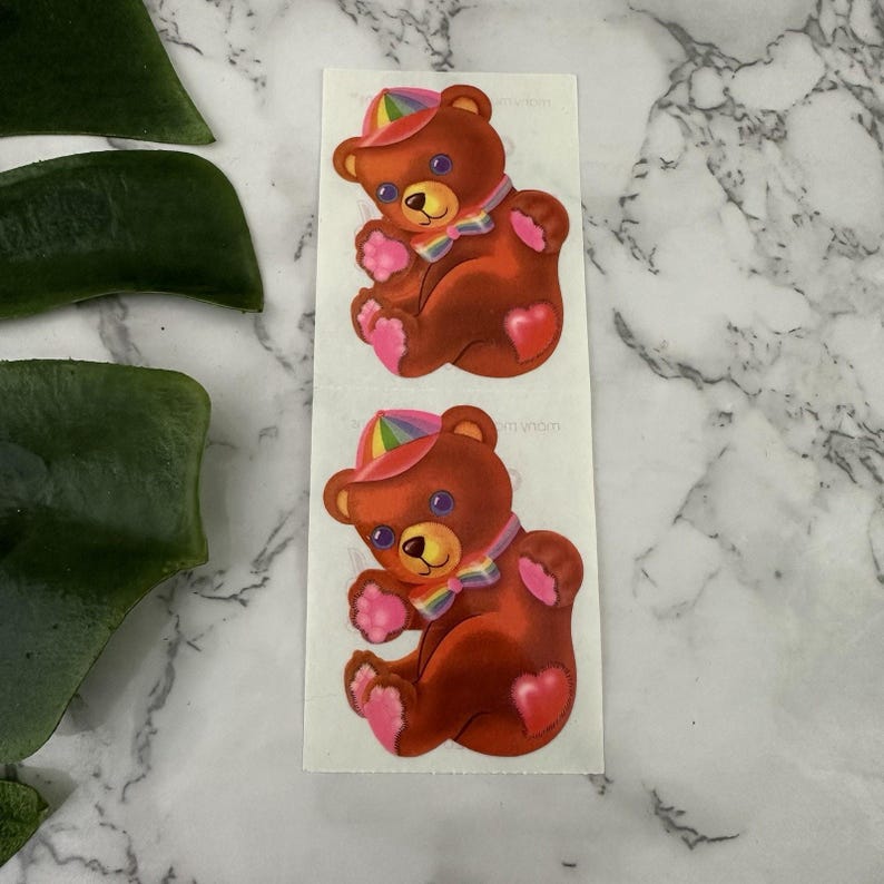 Vintage 80s Lisa Frank Teddy Bear Rainbow Bow Tie Hearts Stickers Lot of 2 image 1