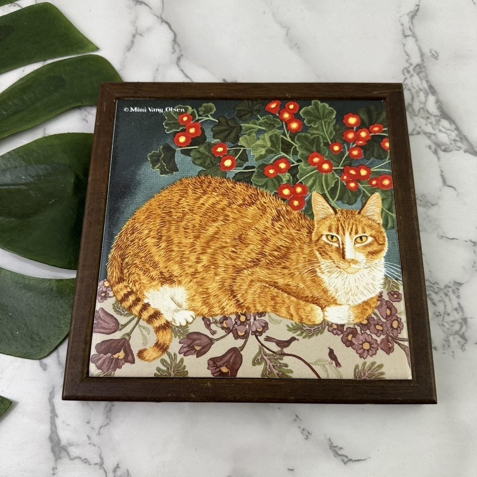Vintage 80s Avon Cat Tile Trivet Brown Red Floral Mimi Olsen Art