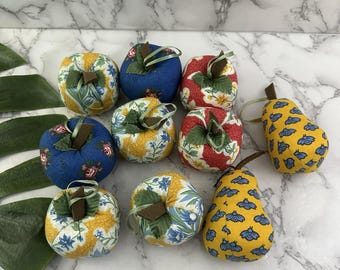 Vintage jaren 90 stoffen fruitvaas vuller kom decor blauw gele cottage appelperen