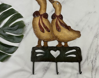 Vintage 90s Metal Goose Duck Wall Hook Key Rack Rustic Folk Art Country Birds