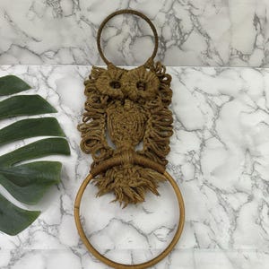 Vintage 70-tals Makramé Uggla Fågel Väggbonad Boho Dekor Snöre Vävda Träpärlor