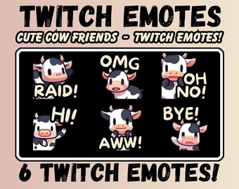 Set of 6 Cute Cow Friends Twitch Emotes, twitch sub emotes, cool emotes, text emotes, anime emotes, manga twitch emotes, cute emotes
