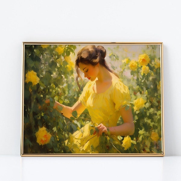 Peinture d'une jeune fille en robe jaune entourée de fleurs, précise et détaillée, roses dans le jardin | Art mural imprimable