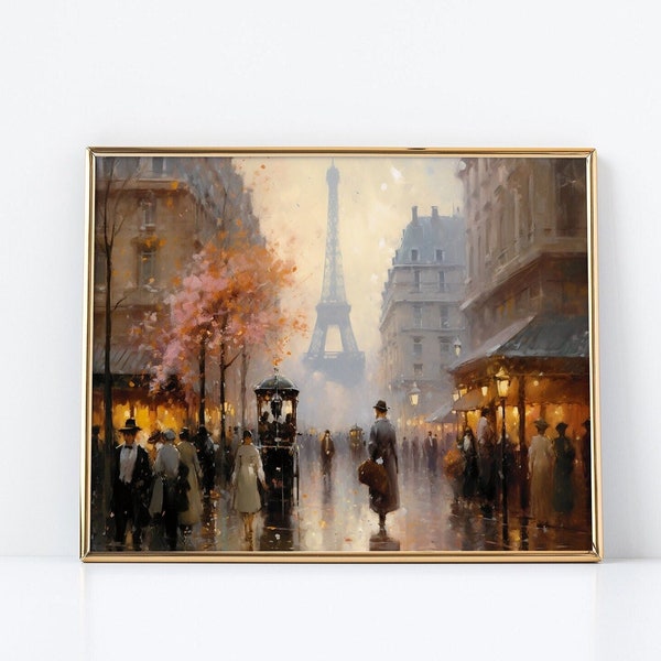 La vie parisienne | Vue Tour Eiffel et Café Terrasse | Scène de rue parisienne animée | Art numérique imprimable