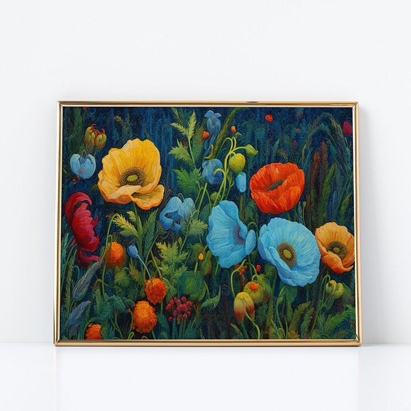 Peinture abstraite florale de fond bleu | Scène de nature pointilliste | Paysage lumineux | Technique du couteau à palette