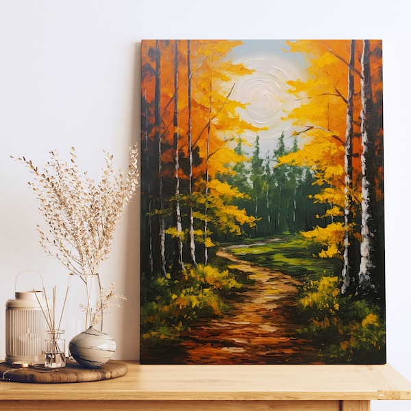 Sentier avec arbres Grande toile Art, Vert et Ambre, Style Forestpunk, Réalisme austère, Célébrer la nature, Chef-d’œuvre acrylique