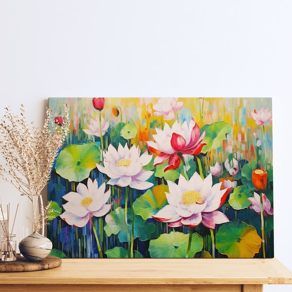 Peinture à l'huile de fleurs de lotus colorées, style Xiaofei Yue, célébration joyeuse de la nature