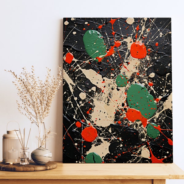 Abstract Shapes Painting - Jackson Pollock and Larry Poons Style - Dark Green & Red - Richard Pousette-Dart Influence - Trompe-l'Œil