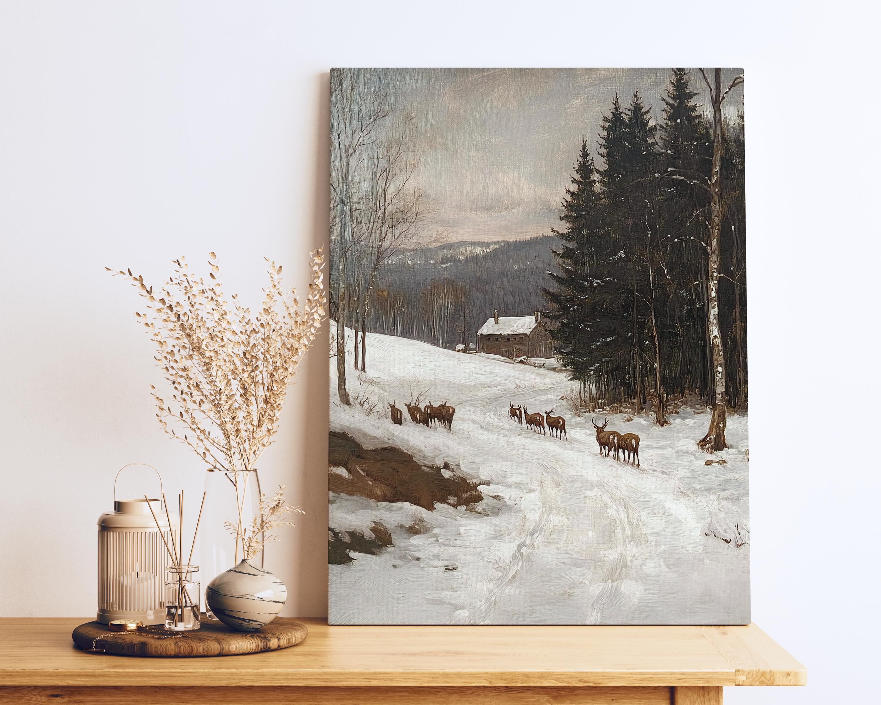 Oil Painting of Winter Deer Herd, Mountain Cabin Scene, Wildlife in ...