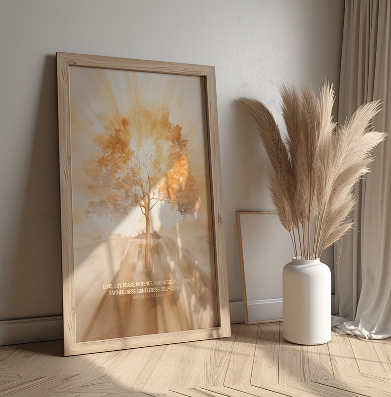 May include: A framed watercolor painting of a tree with a golden glow. The text "LOVE, JOY, PEACE, PATIENCE, KINDNESS, FAITHFULNESS, GENTLENESS, SELF-CONTROL" is printed on the bottom of the painting.