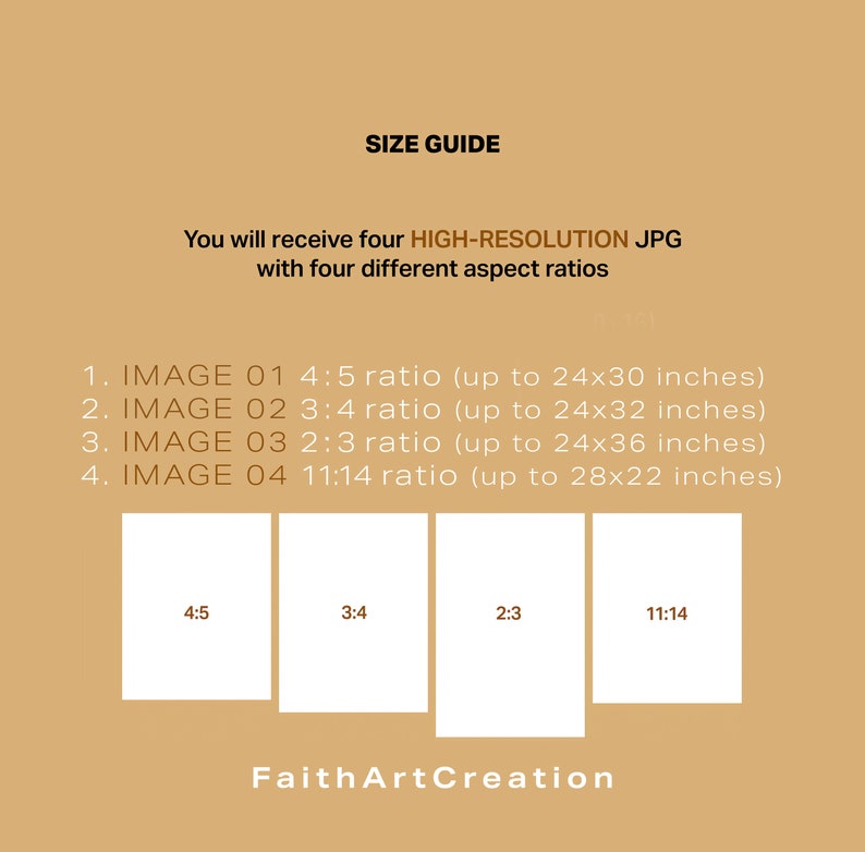May include: A size guide for digital art prints, showing four different aspect ratios: 4:5, 3:4, 2:3, and 11:14. The guide indicates the maximum printable size for each ratio, with the largest being 28x22 inches.