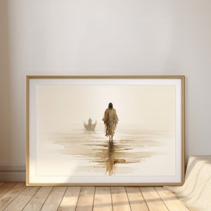 Jesús camina sobre el agua / Escena de acuarela de Mateo 14 / Arte mural cristiano digital descargable