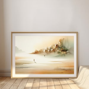 Op de afbeelding: Een ingelijst aquarel schilderij dat een klein stadje toont dat op een heuvel ligt met uitzicht op een waterlichaam. Het schilderij is gemaakt in gedempte tinten bruin, groen en wit, met een zachte, wazige atmosfeer. Twee figuren lopen op de voorgrond, wat een gevoel van schaal en perspectief aan de scène toevoegt.